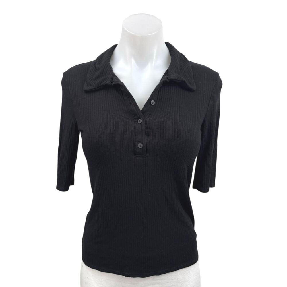 MNG Mango Women's Black Rib Knit Collared Button Half Sleeve Polo Sweater Top S